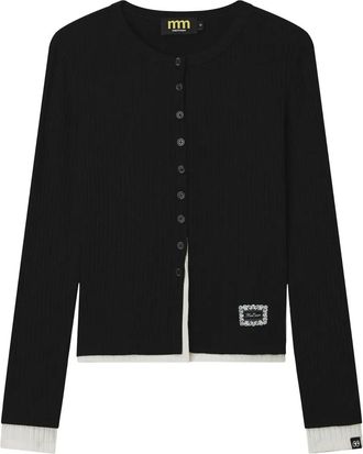 Mini Cream Geribbeld vest met knoop - Zwart