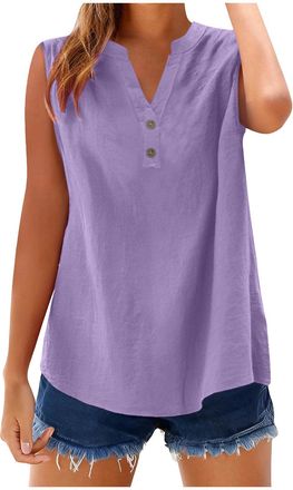 Generic Cotton Linen Tank Tops for Women UK Casual Sleeveless Button V Neck Henley Shirts 2026 Spring Summer Lightweight Loose Fit Vest Comfy Solid Color Goin