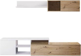 Dmora Parete attrezzata Miami, Mobile da soggiorno porta TV reversibile, Composizione per salotto con pensile e mensola, 220x40h44 cm, Rovere effetto nodi