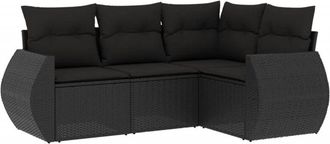 vidaXL Juego De Sof&aacute;s Jard&iacute;n 4 Pzas Con Cojines Rat&aacute;n Sint&eacute;tico Negro Vidaxl