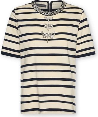 Elena Miro Gestreept T-shirt met borduursel - Dames - T-shirts - Blauw - XS - Katoen - Tops