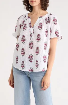 Lucky Brand Floral Eyelet Split Neck Top in Berry Multi at Nordstrom Rack, Size X-Large