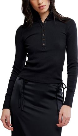 Free People Lake Stand Collar Stretch Cotton Rib Henley in Black at Nordstrom, Size X-Small