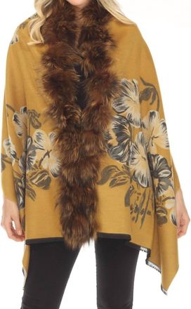 Belle Fare Real Silver Fox Trim Cashmere Blend Floral Wrap Cover-Up In Mustard