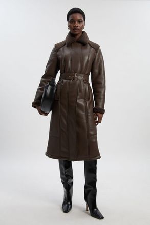 Karen Millen Womens Faux Fur Aviator Longline Coat - Chocolate - Size 12 UK