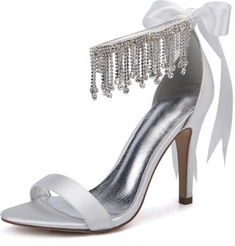 Generic Womens Heels Satin Wedding Bridal Ankle Strap High Heels 10.5Cm Open Toe Prom Evening Formal Party Stiletto Sandals,Ivory,3 UK