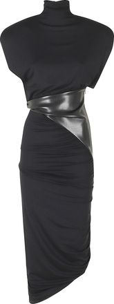 Andamane Black Ursula Vegan Leather Waistband Draped Viscose Dress