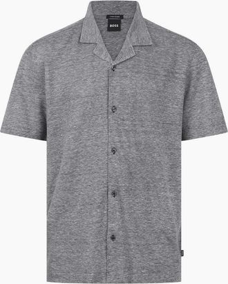 HUGO BOSS Mens Powell_235 Cuban Collar Navy Towel Shirt - Size: 40/Regular