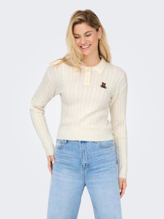 Only Strickpullover ONLY ONLKATIA LS CABLE POLO CC KNT, Damen, Gr. XL, babys breath detail:teddy emb, dtm button, Strick, Obermaterial: 50% Viskose, 27% Ny