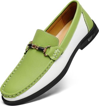 Generic Mens Leather Dress Loafers Classic Slip-on Penny Loafer Moccasins with Metal Buckle Two-Tone Casual Walking Business Driving Shoes (Green,11.5)