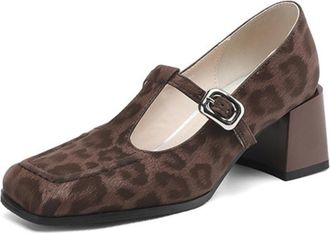 Generic Womens Mary Janes Square Toe Adjustable Buckle Strap Leopard Print Textured Upper Low Heel Cushioned Insole Durable Stylish Shoes,Brown,5.5 UK