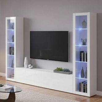 Dmora Pared Equipada Dduc, Conjunto De Sal&oacute;n Mueble De Tv Con 3 Puertas, Mueble De Sal&oacute;n Polivalente Con Vitrina Y Luz Led, 100% Made In Italy, Cm 260x30h18