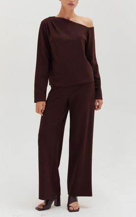 Crescent One Shoulder Top & Flowy Pants Two Piece Set in Espresso at Nordstrom, Size X-Small