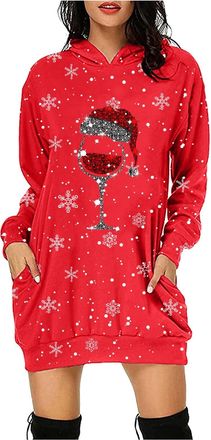 Generic Women Christmas Dress Merry Christmas Letters Snowflakes Wine Glass Xmas Prints Long Sleeve Hooded Loose Sweatshirt Dresses Outfits for Women (e-Red, 