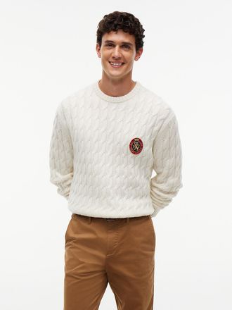 Tommy Hilfiger Mens Crest Logo Cable Knit Wool-Blend Sweater - Ivory Petal - L