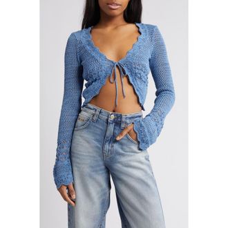 BDG Open Stitch Tie Front Crop Cardigan in Acid Blue at Nordstrom, Size Large