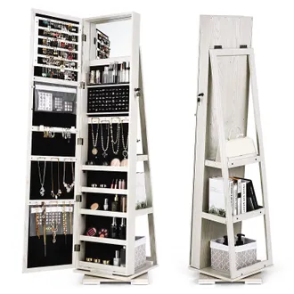 Costway Costway 3-in-1 Rotating Mirrored Jewelry Armoire Freestanding Lockable Large Capacity Jewelry Organizer w/ Makeup Mirror in White