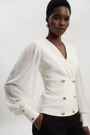 Karen Millen Womens Figure Form Woven Mix Military Button Blazer Knit Top - White - Size X-Small