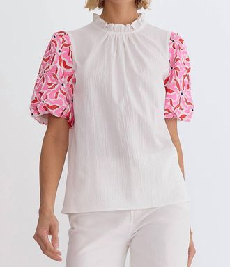 Entro Mock Neck Embroidered Sleeve Top In White