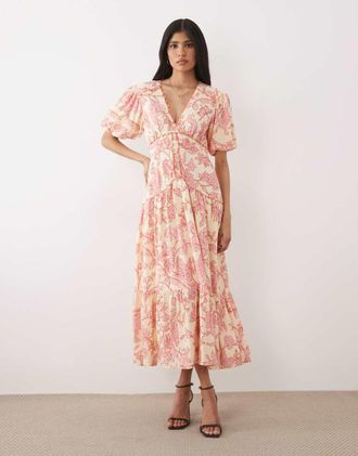 Hope & Ivy Vestito midi rosa a fiori con scollo a V e maniche a sbuffo