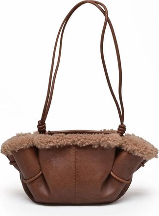 Hereu Brown Leather Shearling Trimmed Shoulder Bag