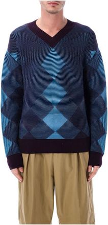 Dries Van Noten Argyle Trui - Heren - V-hals truien - Blauw - M - Wol - Truien & Vesten