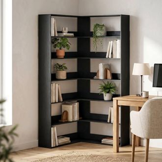 HOMCOM 7 Tiers Corner Bookshelf, L-Shaped, Black Wood Effect