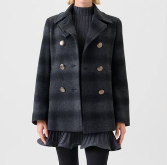 Akris Womens Blurred Check Wool Pea Coat In Charcoal/black