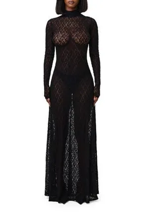 Naked Wardrobe Floral Long Sleeve Stretch Lace Turtleneck Maxi Dress in Black at Nordstrom Rack, Size Large