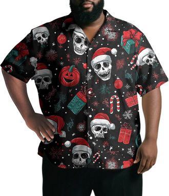 Generic Mens Christmas Shirt,Christmas Skull Oversized Hawaiian Button up Shirts - Holiday Tops Summer Skeleton Party 8XL