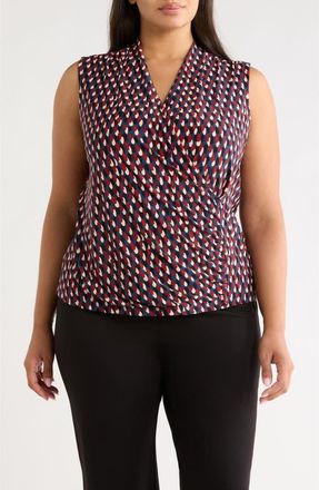 Anne Klein Abstract Print Faux Wrap Top in Blue Carbon Multi at Nordstrom, Size 3X