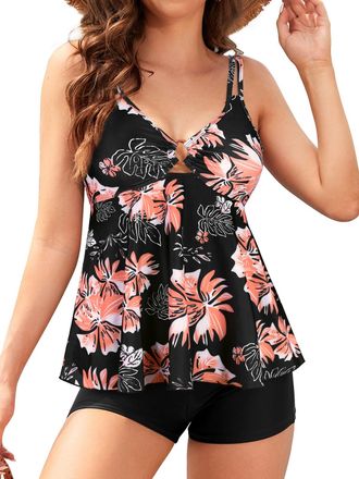 SHEKINI Womens Tankini Set Tummy Control Two Piece Swimsuits with Swim Shorts Ruffles Swimwear Rings Push Up Plus Size Swimming Costume Swim Set Floral Print 