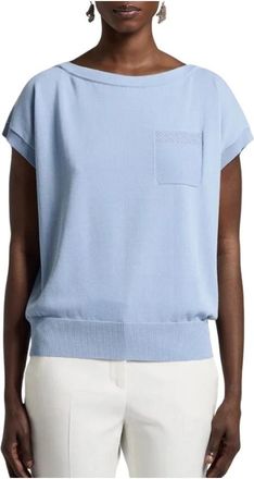 PESERICO Pocket Gebreide Top - Dames - Ronde hals truien - Blauw - S - Katoen - Truien & Vesten