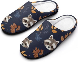 Generic Raccoon Pattern Mens Soft Cotton Slippers with Memory Foam Anti-skid House Shoes for Travel Indoor Outdoor