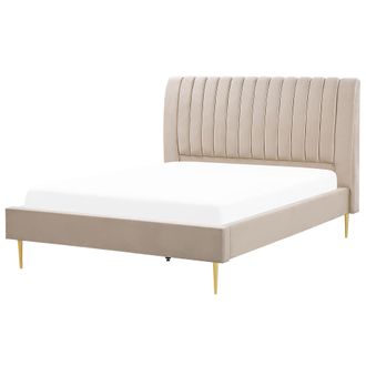 Beliani Cama Con Somier De Terciopelo Beige Arena Dorado 160 X 200 Cm Reposacabezas Marville