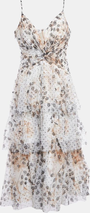 White Printed Tulle Tiered Midi Dress