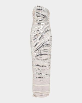 Pamella Roland Wave Beaded Tulle Strapless Column Gown