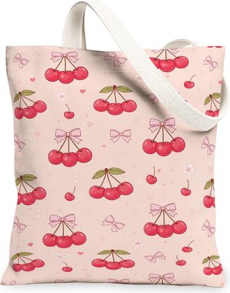 Generic Cherries Blossom Canvas Tote Bags, Floral Fruit Pattern Reusable Grocery Bags, Spring Lightweight Washable Shoulder Strap C, Peach, 13x15 Inch