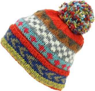 Loud Elephant Hand Knitted Wool Beanie Bobble Hat - Chevron Orange
