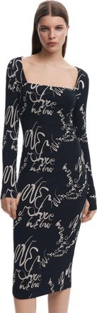 Desigual Valencia Black Ribbed Fitted Midi Dress with Lettering 25SWVK05