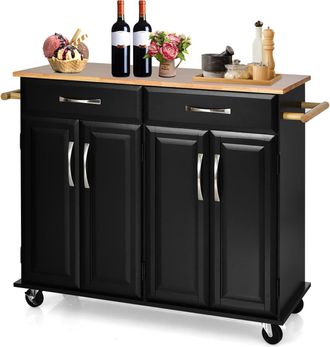 Costway Costway Carro Rodante Para Isla De Cocina Con Encimera De Madera, Carro Utilitario De Comedor De 4 Puertas Con Estantes Ajustables, 2 Cajones Grandes,