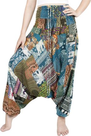 Lofbaz Womens Smocked Waist Floral Pattern 2 in 1 Patch Harem Pants Jumpsuit - Green Scrap Fabric - OS