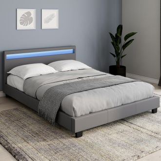 IDMarket Cama Doble Neo 140 X 190 Cm Pvc Gris Con Somier Y Led Integrados