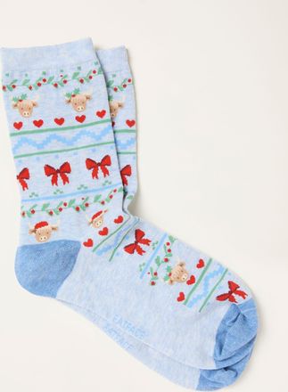 Fat Face FatFace Light Blue Fairisle Highland Cow Socks