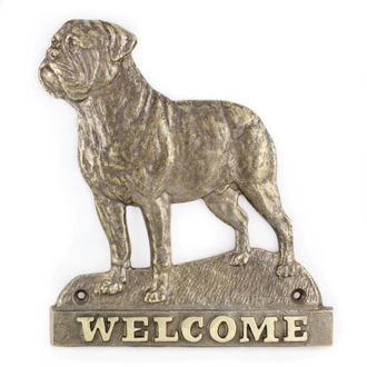 OEM Bullmastiff, Bulmastiff: Un Cartel Para La Puerta Con Un Perro, Una Placa De Bienvenida De Lat&oacute;n, Un Cartel &Uacute;nico Con La Inscripci&oacute;n Welcome De Art-do