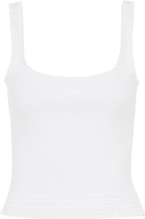 Chlo&eacute; Witte shirt met ruches en borduursel - Dames - Tops zonder mouwen - Wit - M - Katoen - Tops