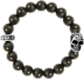 King Baby 10mm Blue Tiger Eye Bracelet with Day of the Dead Skull in Silver at Nordstrom, Size Medium