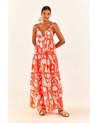 Farm Rio Farm Rio Orange Neon Jungle Tiered Maxi Dress