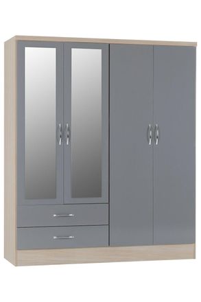 Seconique Nevada 4 Door 2 Drawer Mirrored Wardrobe in Grey