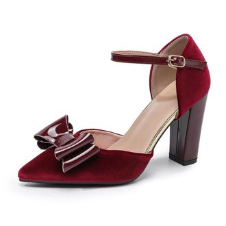 Generic Womens Bowknot Dress Velvet Ankle Strap Chunky Heels Closed Toe Pumps for Bridal Wedding Evening and Party (Wine Red,7.5)